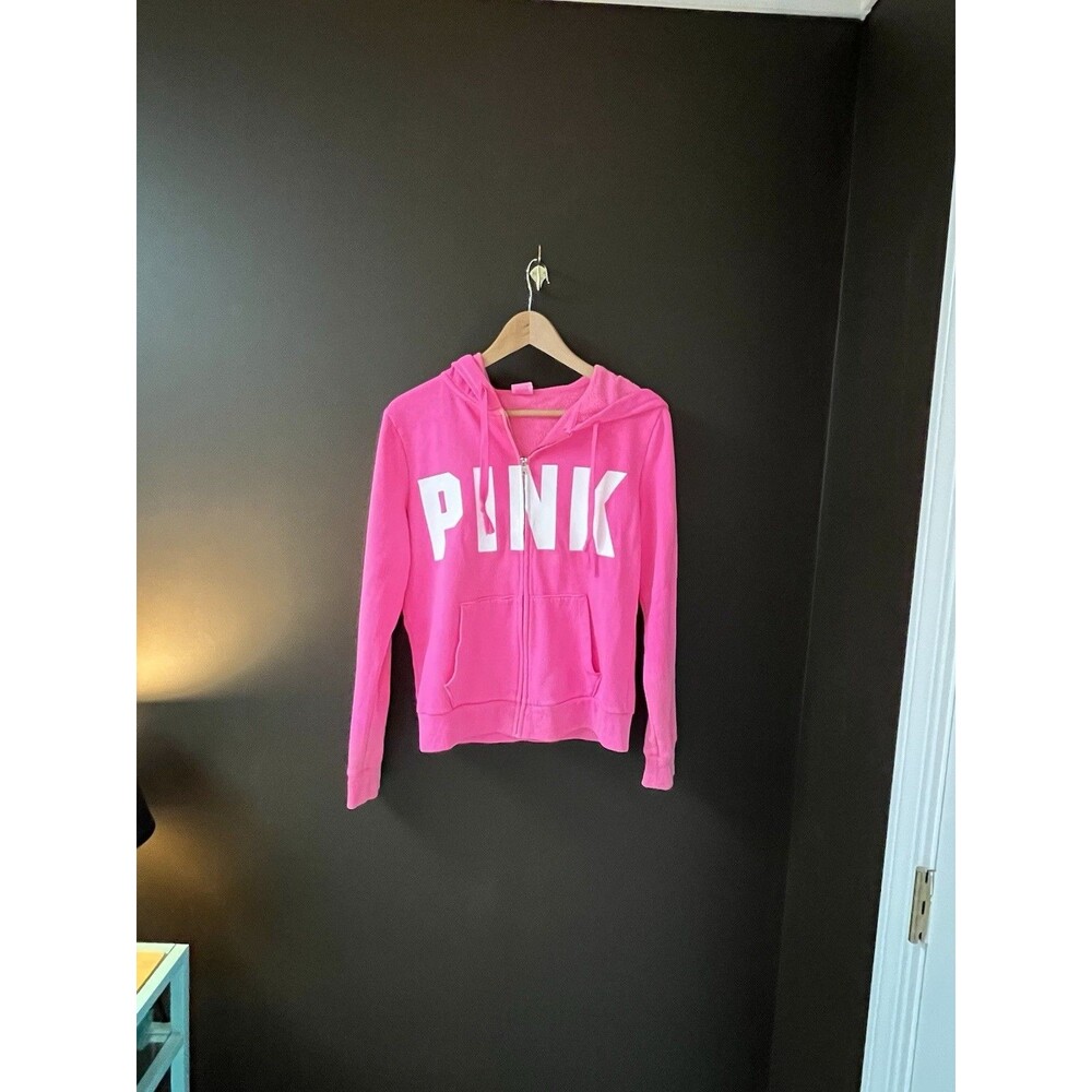 Victoria’s Secret PINK Hot Pink Full Zip Hoodie White Logo Sweatshirt